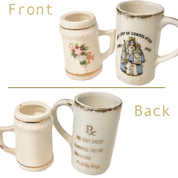ESTATE VTG 2pc FLORAL LADY CONSOLATION PAIN RELIEF BEER MUG SHOT GLASS SOUVENIR - Picture 1 of 9